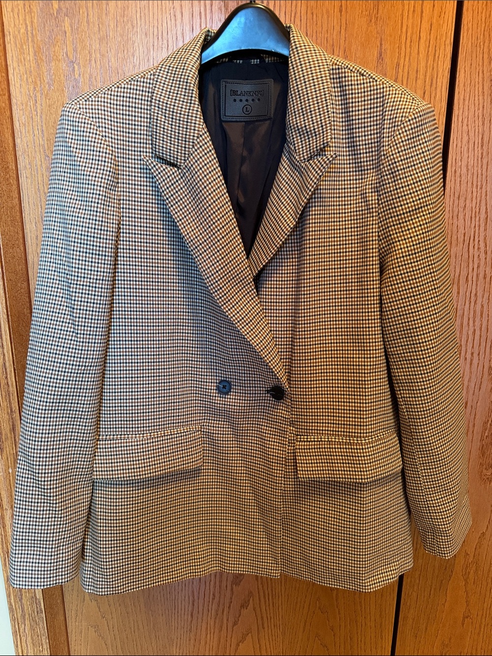 Blank NYC Double-Breasted Houndstooth Blazer in Tan and Black